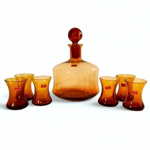 🟢 Empoli Italian Hand Blown Glass Decanter & Cordial Set Vintage MCM Rare